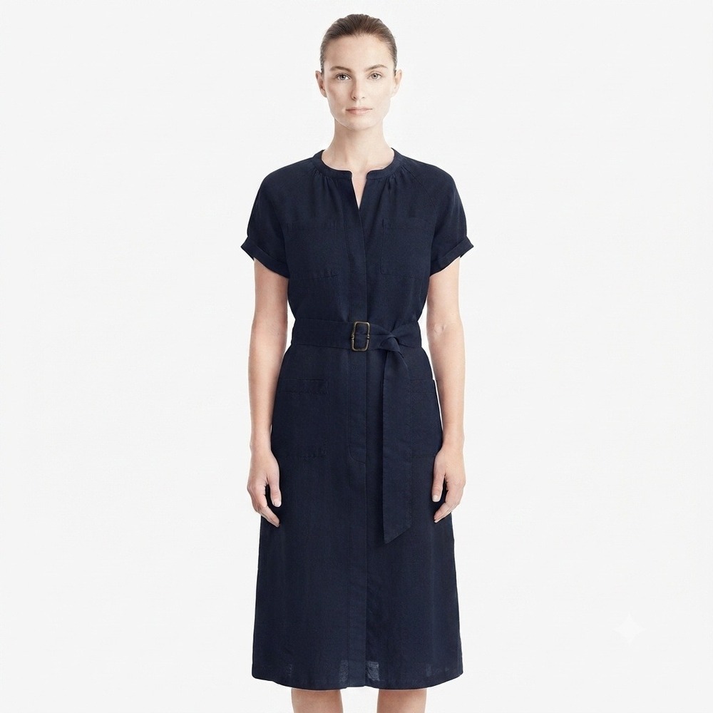 Lucky Brand Dress Medium Short Sleeve Midi Shirt Linen Blend Safari Blue Belt